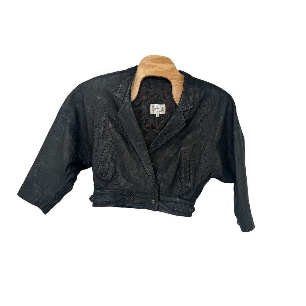 Y2K cropped Winlit Leather Moto Jacket Womenโs Small โ Pockets Snap 2000โ hip